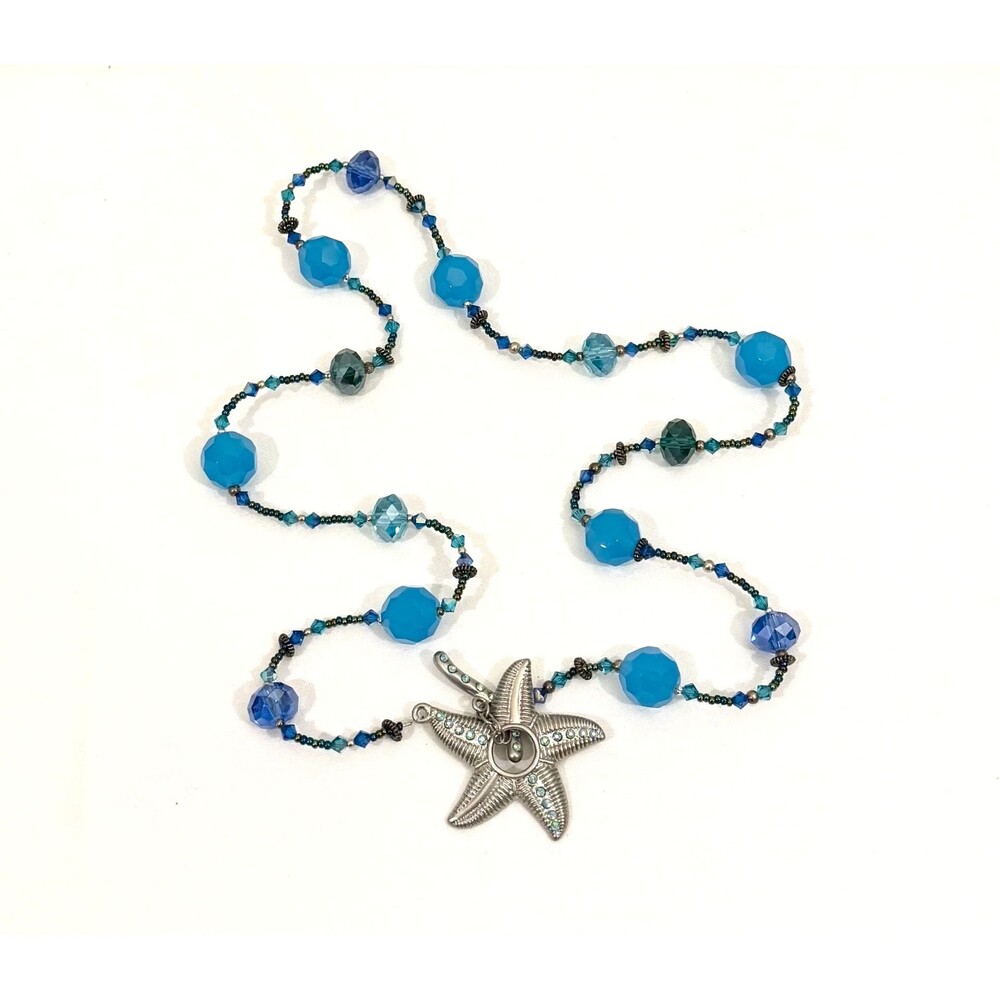 Coastal  Summer Beachy Blue & Green Beaded Starfish Toggle Necklace 26 Inch